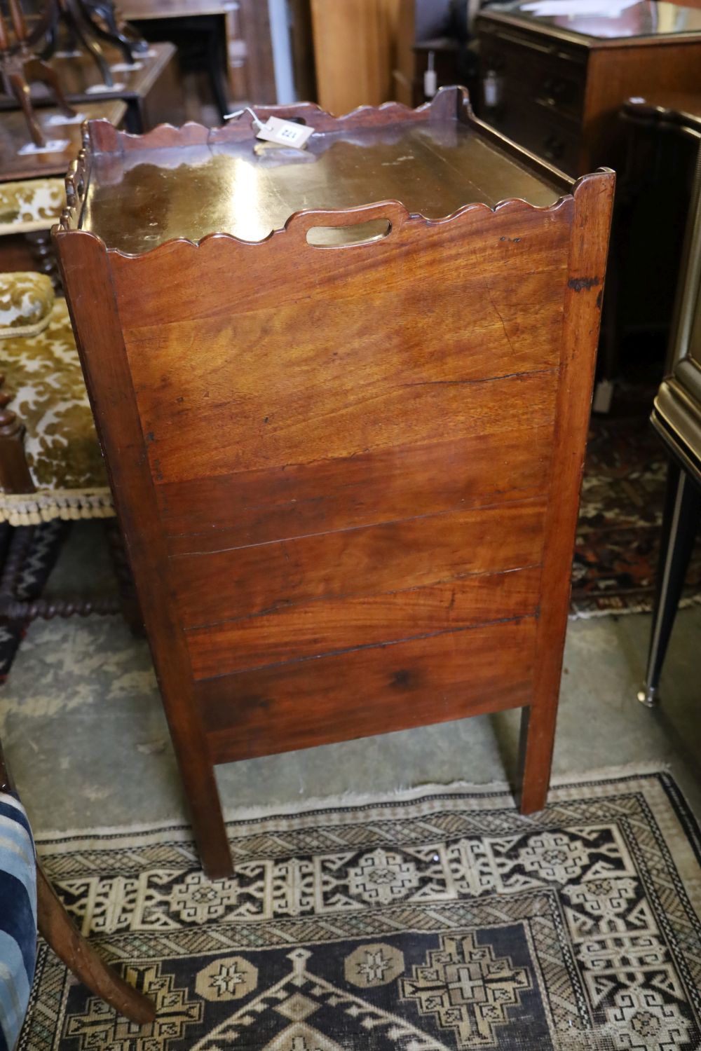 A George III inlaid mahogany tray top commode, width 50cm, depth 50cm, height 89cm